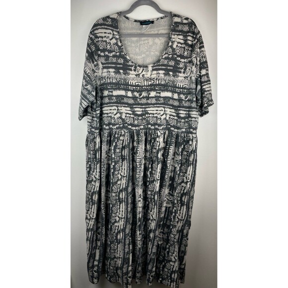 Ulla Popken Womens Dress Size 20/22 Cream Brown Maxi Fit & Flare Short Sleeve - Picture 1 of 8